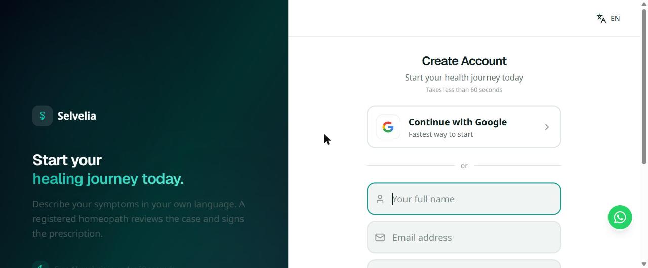 Selvelia sign-up page